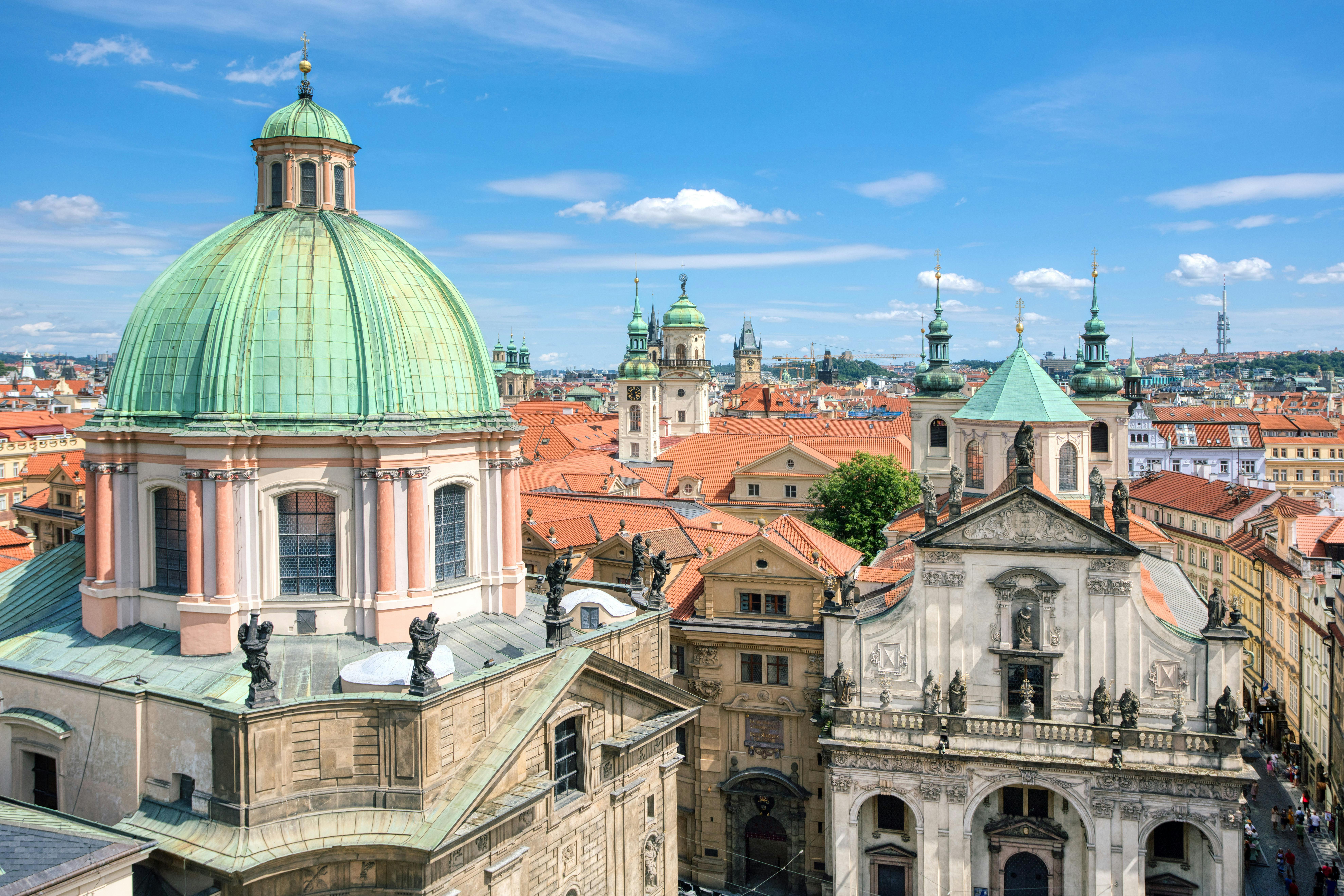 European cityscape with historic architecture and vibrant streets